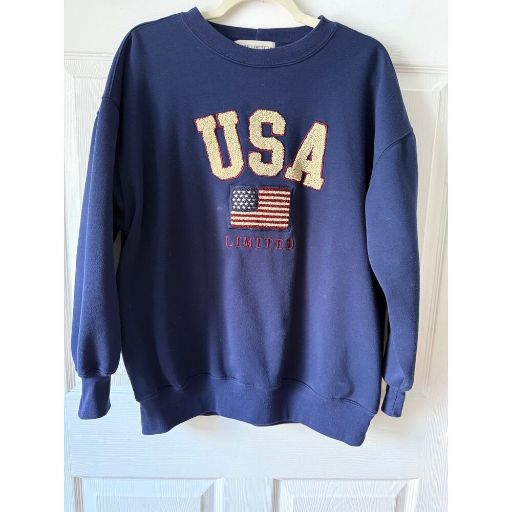 Vintage The Limited USA Flag Sweatshirt Blue Patriotic Graphic Size 16 Granny